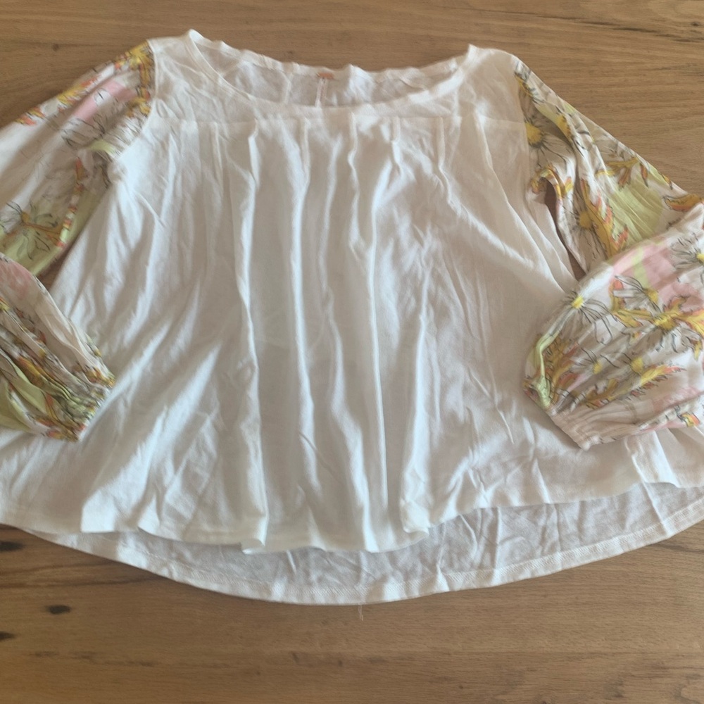 Free People White Blouse with Floral Puff Sleeves